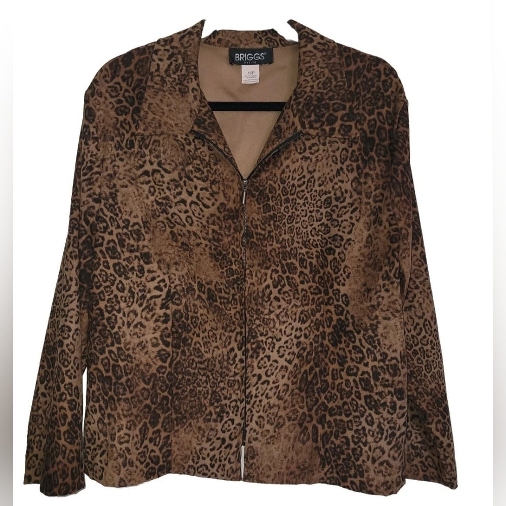 Briggs Leopard Print Satin Lined Zip Up Stretch Size 16 Petite Jacket Coat